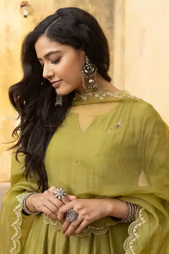 Mehndi green zari jaal embroiered anarkali suit set
