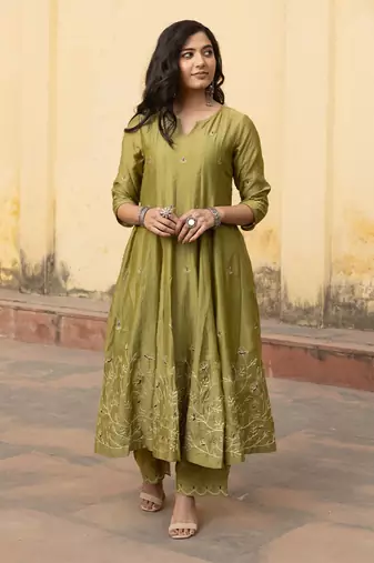 Mehndi green zari jaal embroiered anarkali suit set