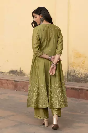 Mehndi green zari jaal embroiered anarkali suit set
