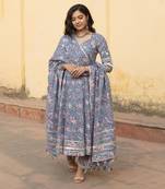 Blue handblock jaal cotton anarkali set