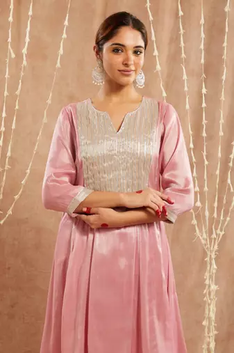 Blushing rose yoke tissue anarkali with narrow pants