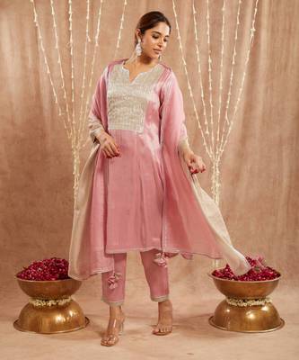 Blushing rose yoke tissue anarkali with narrow pants 3