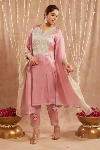 Blushing rose yoke tissue anarkali with narrow pants