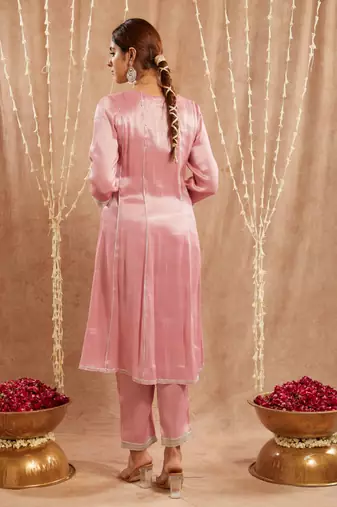 Blushing rose yoke tissue anarkali with narrow pants