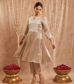 Moss brown yoke tissue anarkali with narrow pants