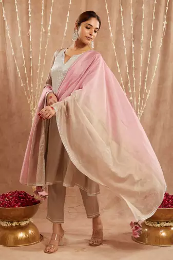 Moss brown yoke tissue anarkali with narrow pants