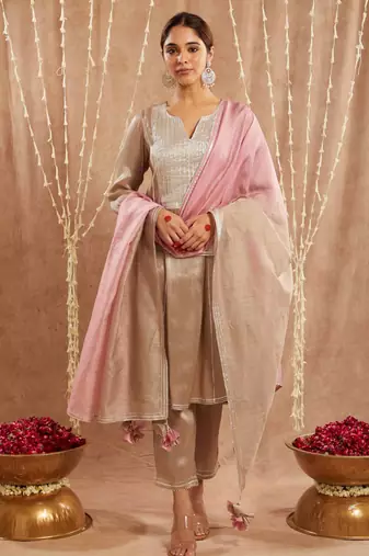 Moss brown yoke tissue anarkali with narrow pants