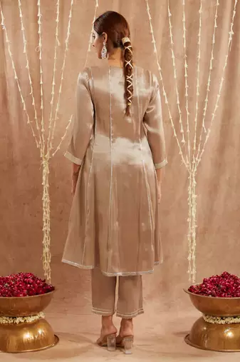 Moss brown yoke tissue anarkali with narrow pants