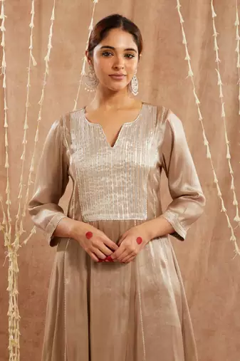 Moss brown yoke tissue anarkali with narrow pants