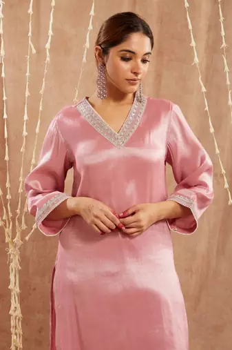 Pink pearl tissue kurta with narrow pants