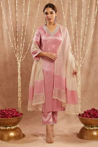 Pink pearl tissue kurta with narrow pants