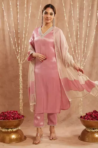 Pink pearl tissue kurta with narrow pants