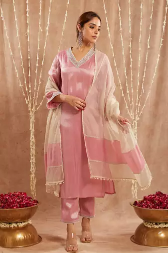 Pink pearl tissue kurta with narrow pants