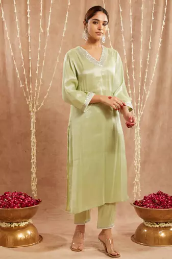 Minty pearl tissue kurta with narrow pants