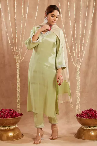 Minty pearl tissue kurta with narrow pants