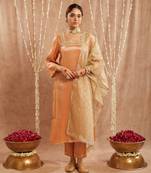 Orange scallop tissue kurta with 
narrow pants