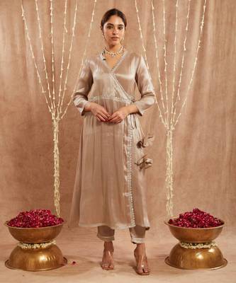Brown shimmer  tissue angrakha with 
narrow pants 1