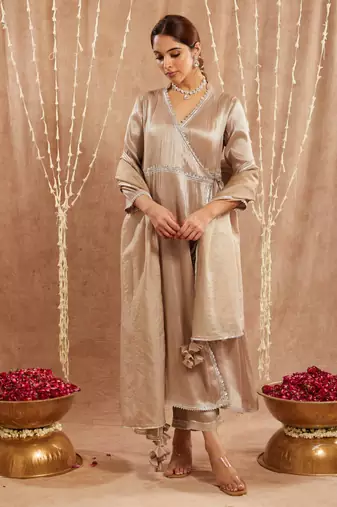 Brown shimmer  tissue angrakha with 
narrow pants
