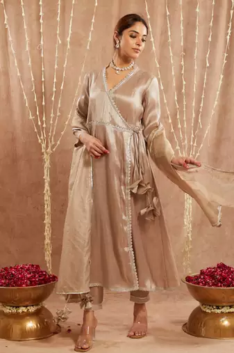 Brown shimmer  tissue angrakha with 
narrow pants