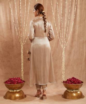 Brown shimmer  tissue angrakha with 
narrow pants 4