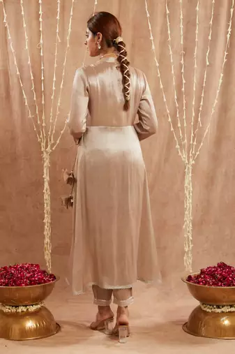 Brown shimmer  tissue angrakha with 
narrow pants