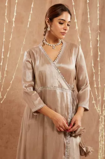 Brown shimmer  tissue angrakha with 
narrow pants