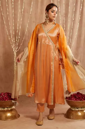 Orange shimmer tissue angrakha with 
narrow pants