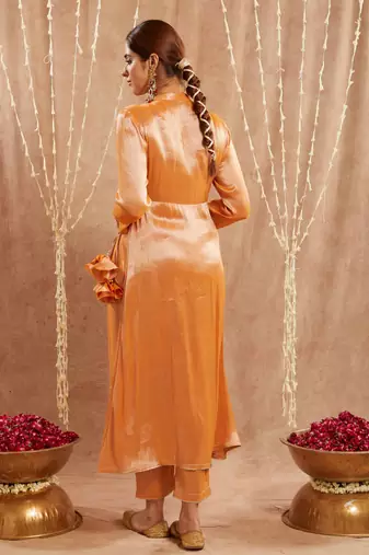 Orange shimmer tissue angrakha with 
narrow pants