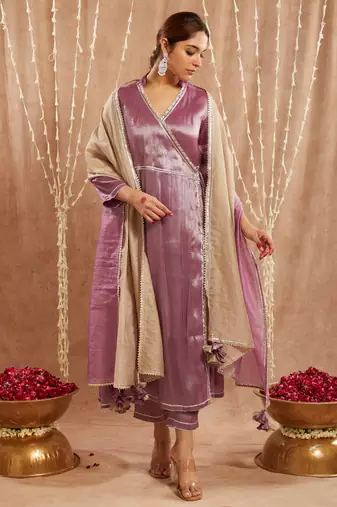 Purple shimmer tissue angrakha with narrow pants