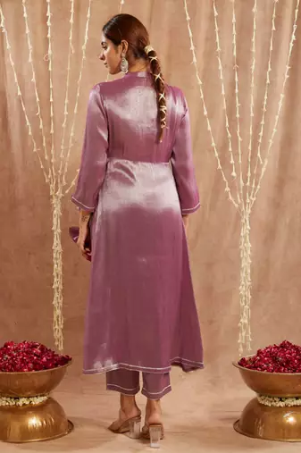 Purple shimmer tissue angrakha with narrow pants