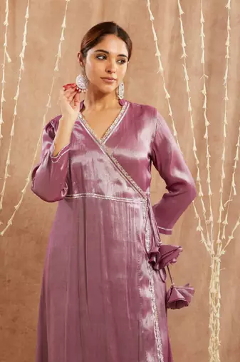Purple shimmer tissue angrakha with narrow pants