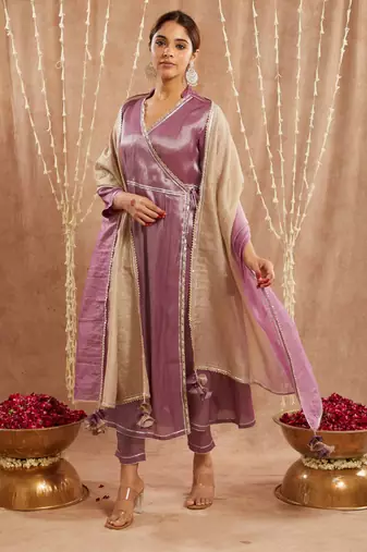 Purple shimmer tissue angrakha with narrow pants