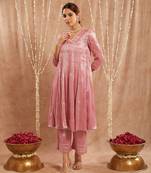 Pink gota tissue anarkali with 
narrow pants