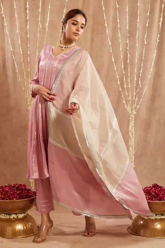 Pink gota tissue anarkali with 
narrow pants