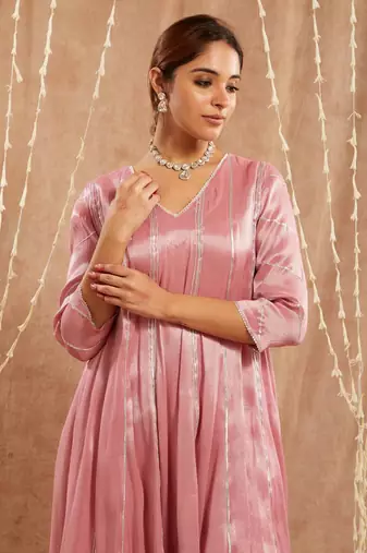 Pink gota tissue anarkali with 
narrow pants