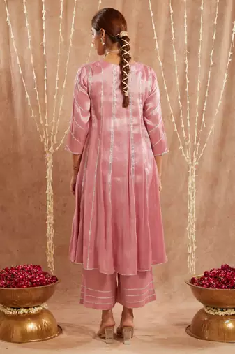 Pink gota tissue anarkali with 
narrow pants