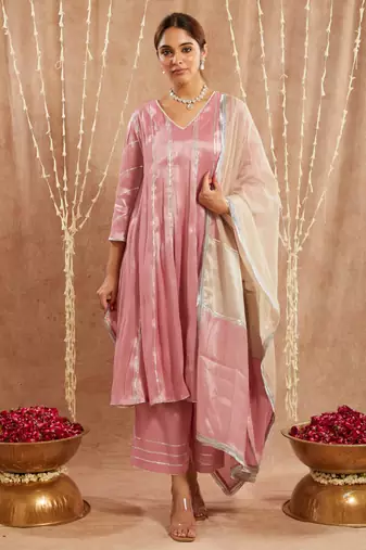 Pink gota tissue anarkali with 
narrow pants