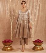 Brown gota tissue anarkali with 
narrow pants