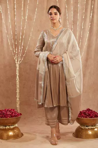 Brown gota tissue anarkali with 
narrow pants