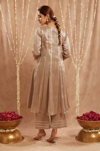 Brown gota tissue anarkali with 
narrow pants