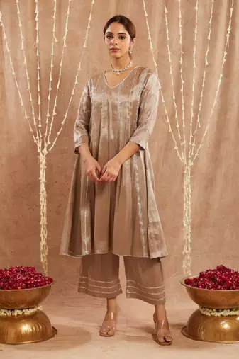 Brown gota tissue anarkali with 
narrow pants