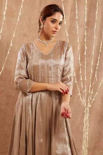 Brown gota tissue anarkali with 
narrow pants