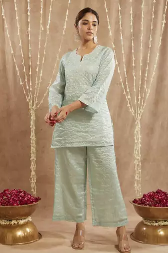 Blue moroccan dori kurta with 
flared pants