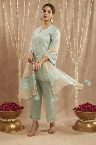 Blue moroccan dori kurta with 
flared pants