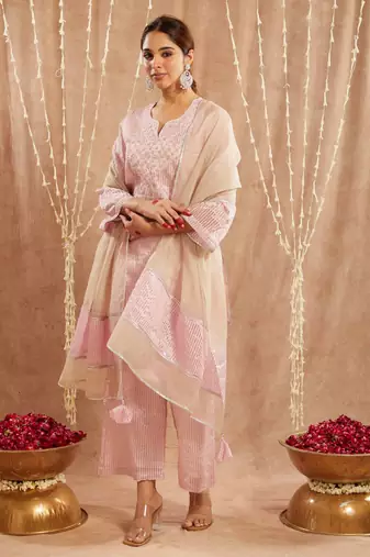Pink moroccan dori kurta with 
flared pants