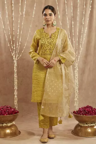 Olive green embroidered kurta with 
narrow pants