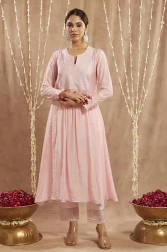 Pink diagonal yoke kurta with narrow pants