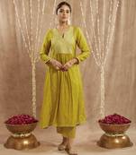Olive diagonal yoke kurta with narrow pants