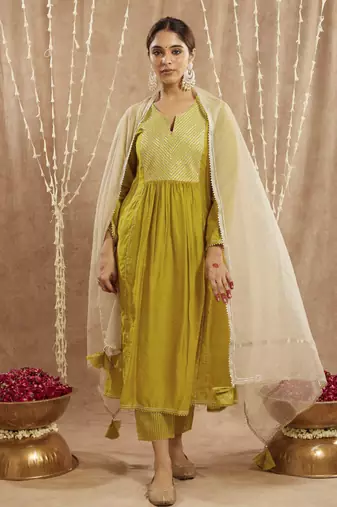 Olive diagonal yoke kurta with narrow pants