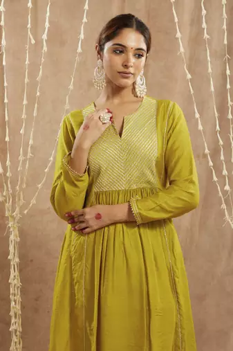 Olive diagonal yoke kurta with narrow pants